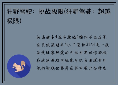 狂野驾驶：挑战极限(狂野驾驶：超越极限)